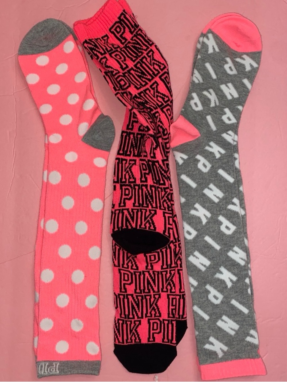 NEW 3 pairs VS Pink tall socks neon pink, gray, black, white